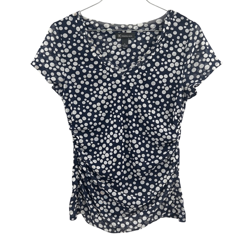 INC Womens Navy White Polka Dot Mesh Ruched V Neck Top Parisian‎ Women's XL